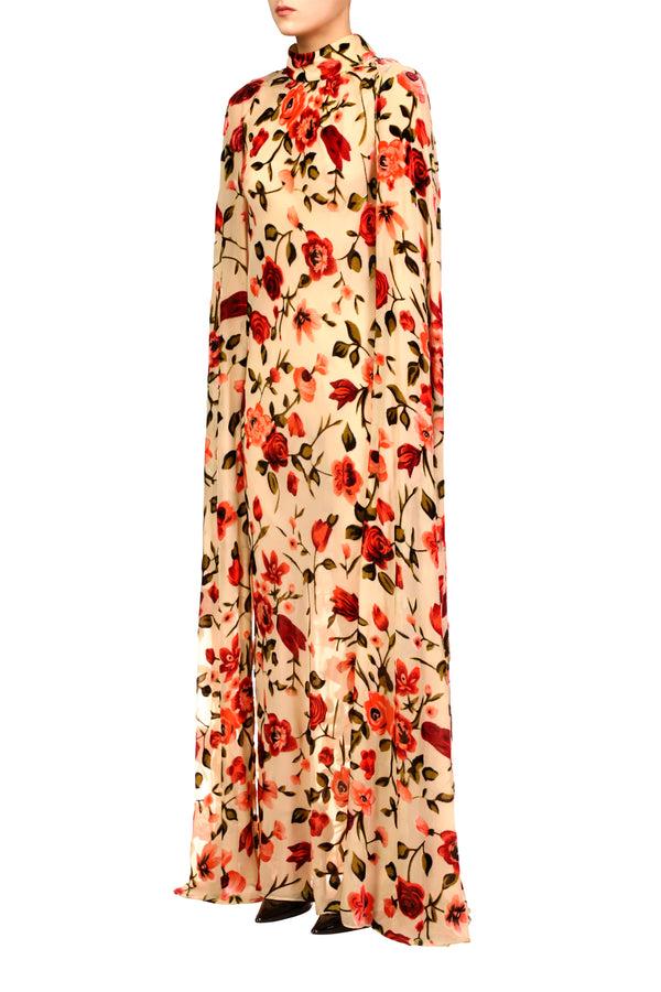 Rodarte Beige And Burgundy Floral Velvet Devoré Cape Gown