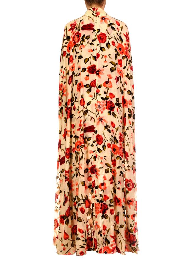 Rodarte Beige And Burgundy Floral Velvet Devoré Cape Gown