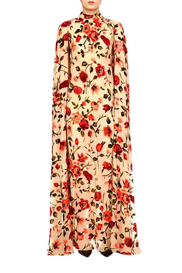 rodarte Beige and Burgundy Floral Velvet Devoré Cape Gown