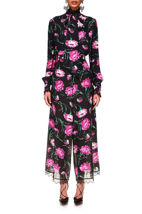 Rodarte Black And Fuchsia Floral Silk Pant With Lace Detail