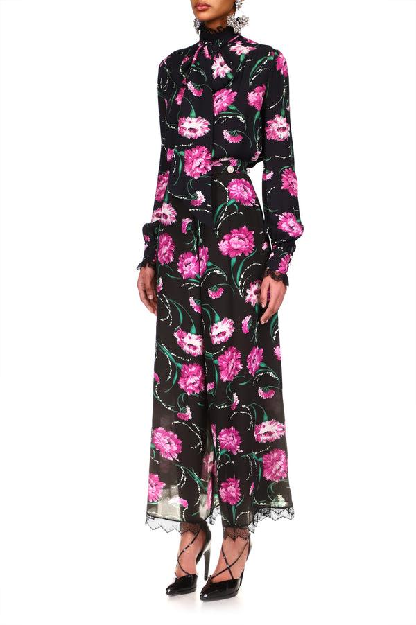 Rodarte Black And Fuchsia Floral Silk Pant With Lace Detail