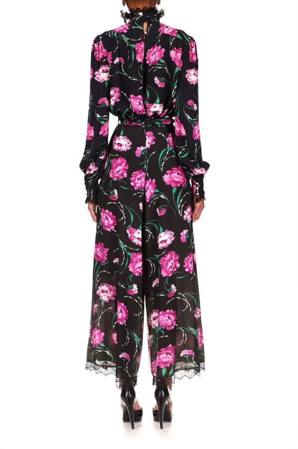 Rodarte Black And Fuchsia Floral Silk Pant With Lace Detail