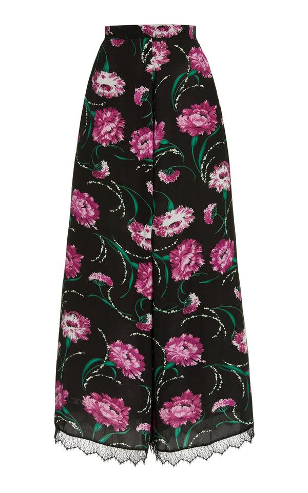 rodarte Black And Fuchsia Floral Silk Pant With Lace Detail