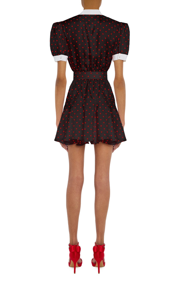 Rodarte Black And Red Heart Print Silk Twill Collared Mini Dress With Belt Detail And Flower