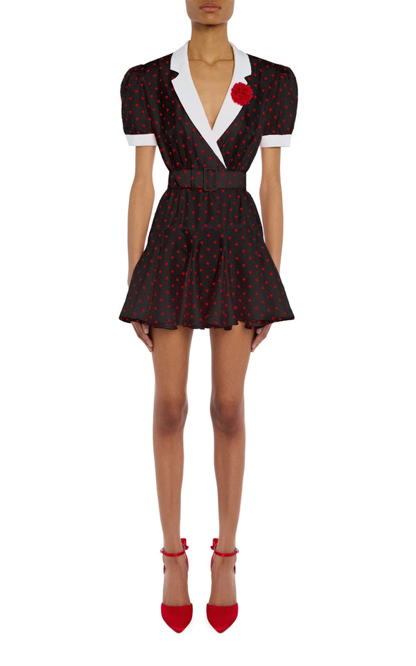 rodarte Black And Red Heart Print Silk Twill Collared Mini Dress With Belt Detail and Flower