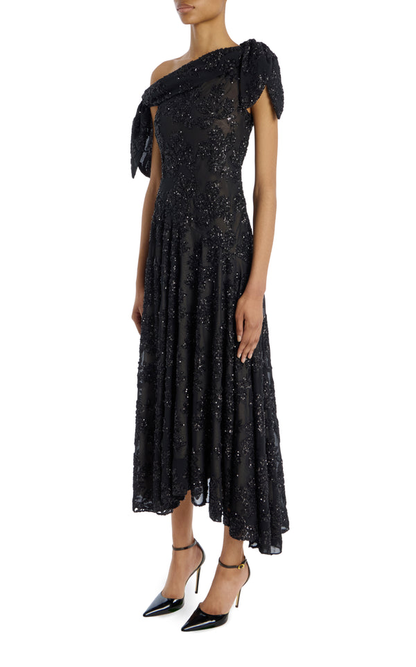 Rodarte Black Embroidered Sequin Off The Shoulder Dress