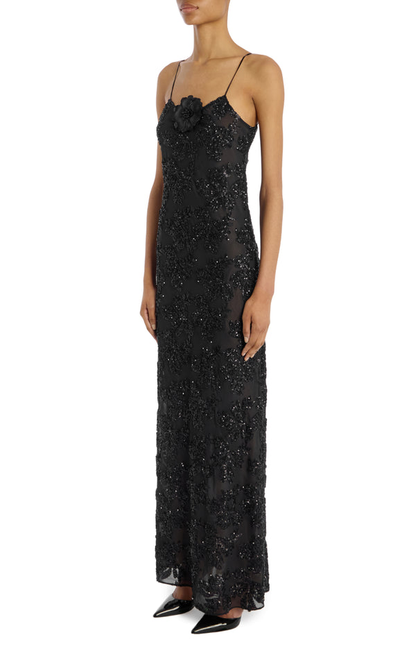Rodarte Black Embroidered Sequin Slip Gown With Silk Flower Pin