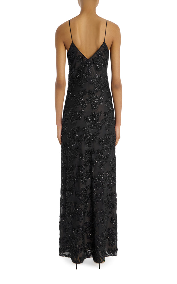 Rodarte Black Embroidered Sequin Slip Gown With Silk Flower Pin