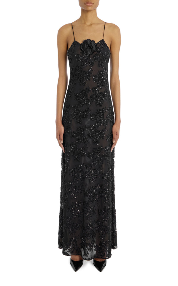 rodarte Black Embroidered Sequin Slip Gown With Silk Flower Pin