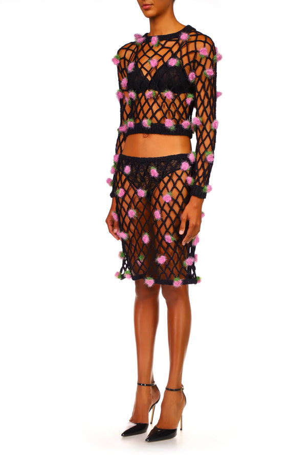 Rodarte Black Hand Crochet Mini Skirt With Pink Flowers