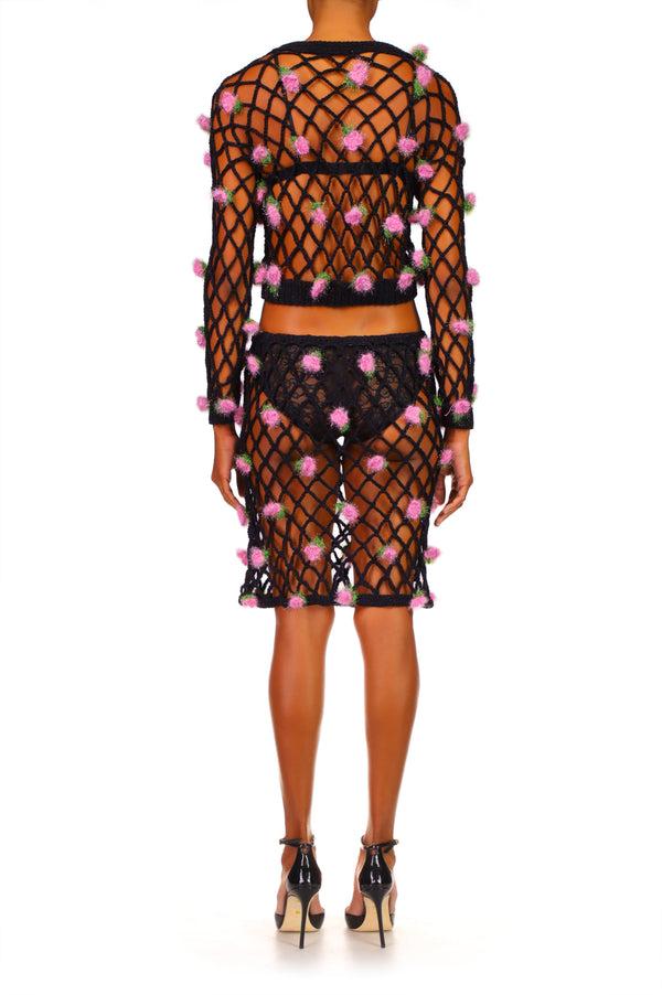 Rodarte Black Hand Crochet Mini Skirt With Pink Flowers