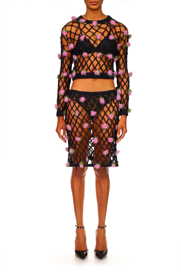 rodarte Black Hand Crochet Sweater With Pink Flowers