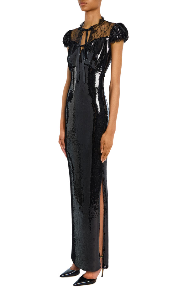 Rodarte Black Sequin Cap Sleeve Gown With Lace Details