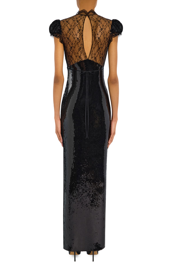 Rodarte Black Sequin Cap Sleeve Gown With Lace Details