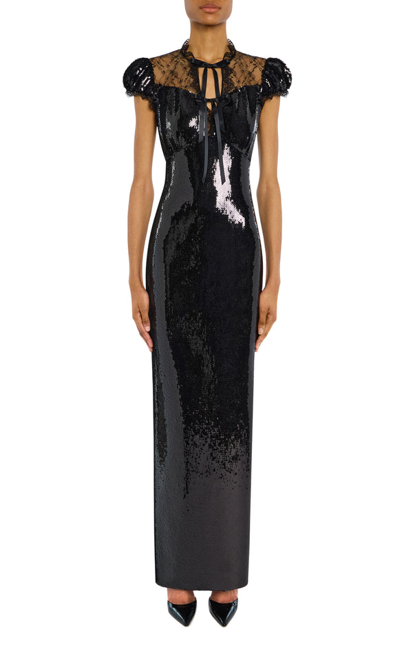 rodarte Black Sequin Cap Sleeve Gown with Lace Details
