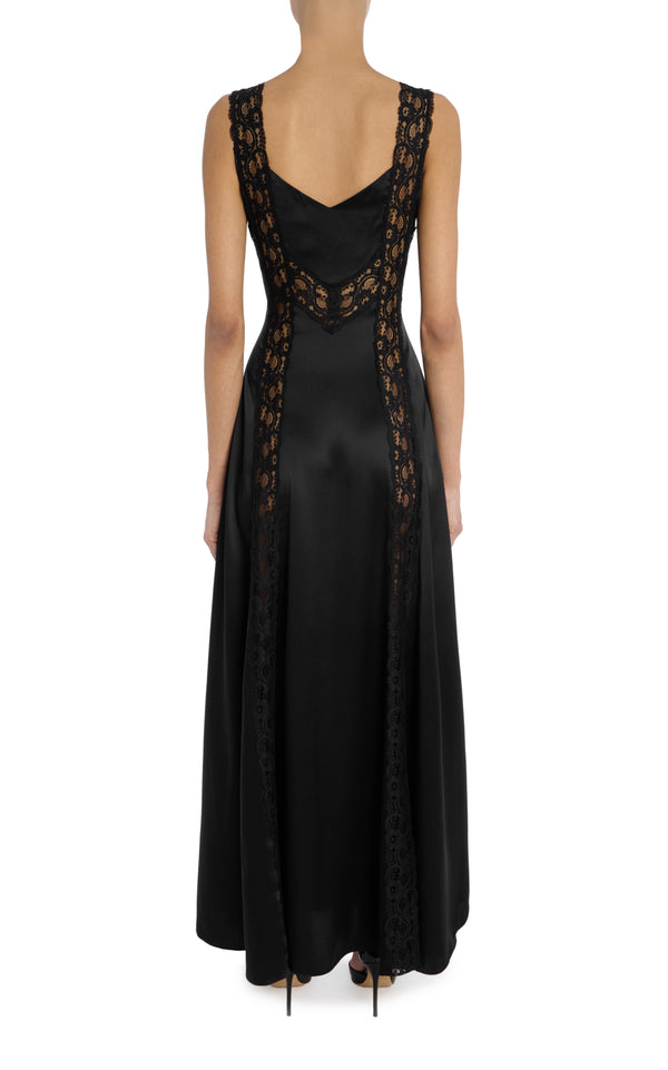 Rodarte Black Silk Charmeuse Bias Dress With Lace Inlays