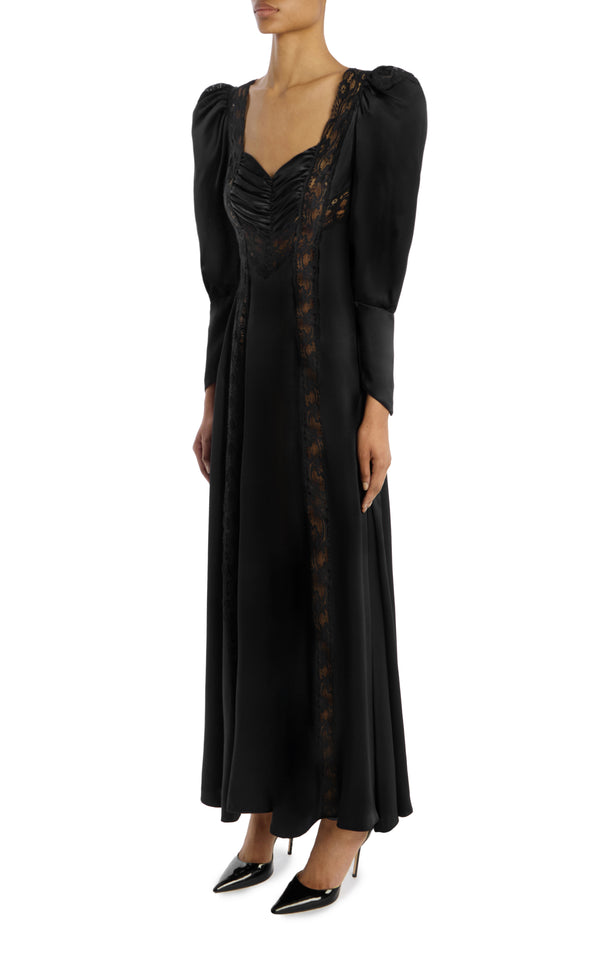 Rodarte Black Silk Charmeuse Bias Gown With Lace Inlays