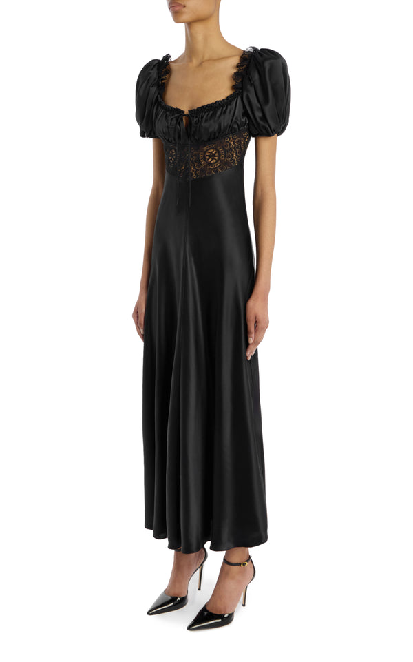 Rodarte Black Silk Satin Bias Dress With Gathered Bust And Black Lace Detail