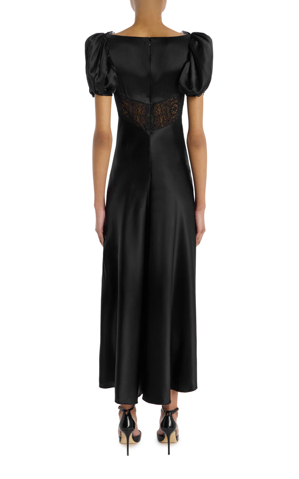 Rodarte Black Silk Satin Bias Dress With Gathered Bust And Black Lace Detail