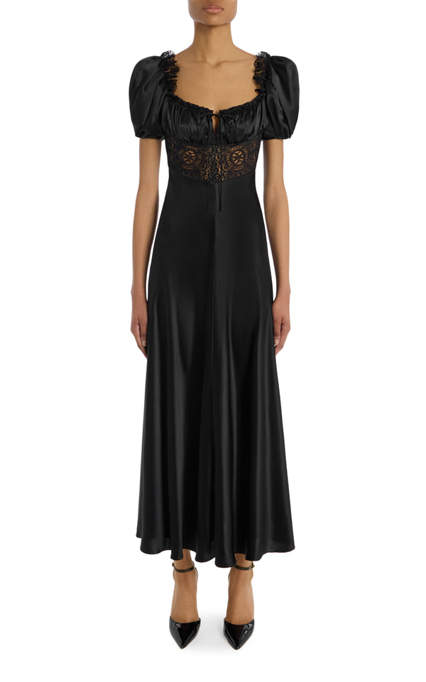 rodarte Black Silk Satin Bias Dress With Gathered Bust And Black Lace Detail