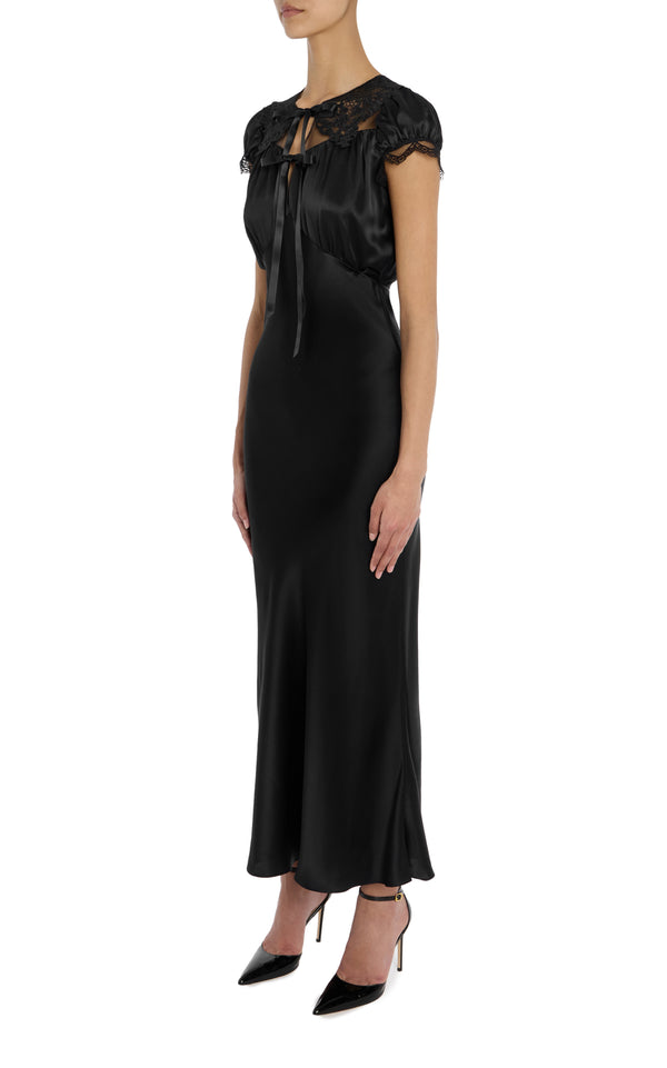Rodarte Black Silk Satin Cap Sleeve Dress With Lace Collar