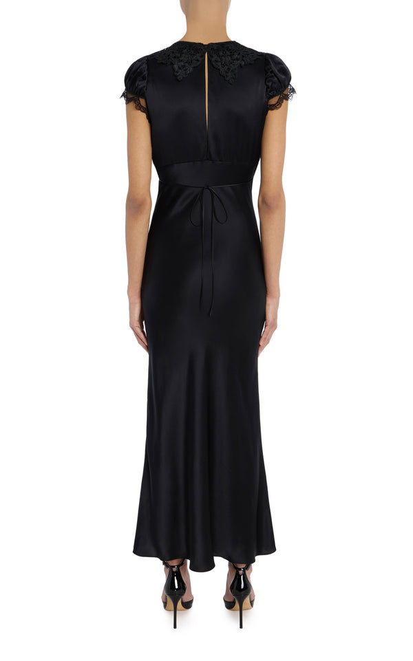 Rodarte Black Silk Satin Cap Sleeve Dress With Lace Collar