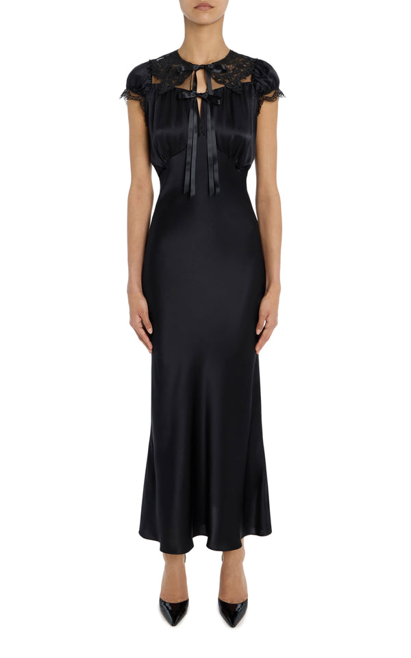 rodarte Black Silk Satin Cap Sleeve Dress with Lace Collar