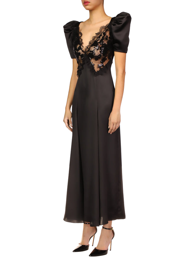 Rodarte Black Silk Satin Puff Sleeve Dress With Sequin Detail