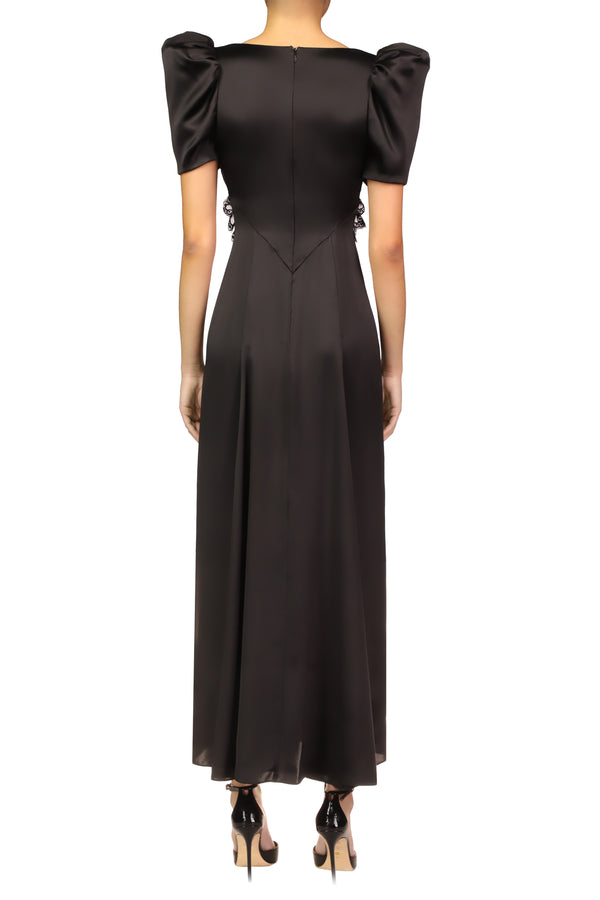 Rodarte Black Silk Satin Puff Sleeve Dress With Sequin Detail