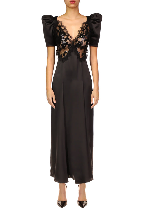 rodarte Black Silk Satin Puff Sleeve Dress With Sequin Detail