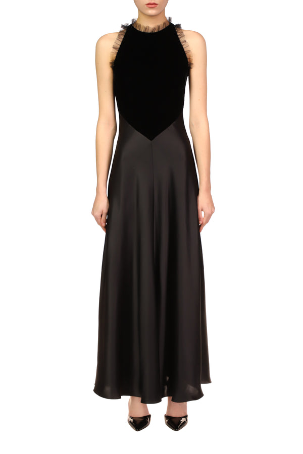 rodarte Black Silk Satin & Velvet Dress With Tulle Detail