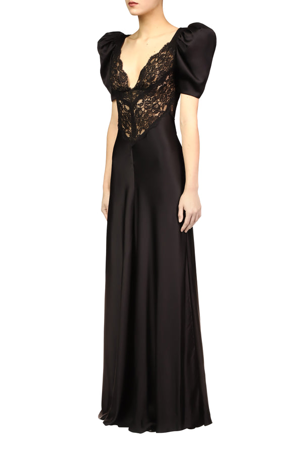 Rodarte Black Silk Short Sleeve Gown With Black Lace Details