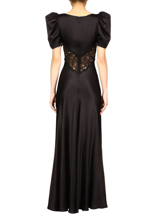Rodarte Black Silk Short Sleeve Gown With Black Lace Details