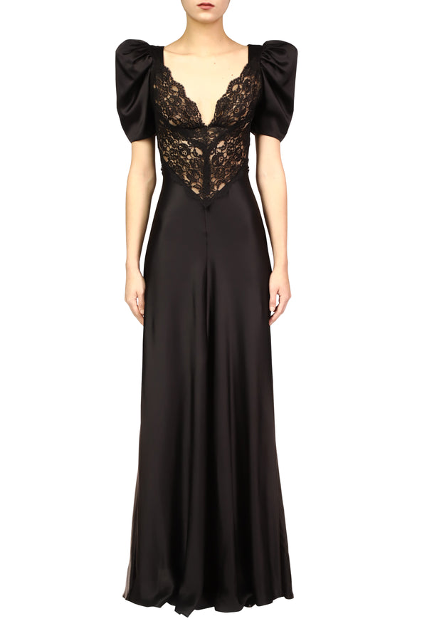 rodarte Black Silk Short Sleeve Gown With Black Lace Details
