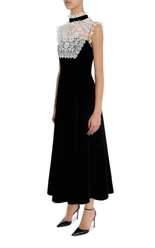 Rodarte Black Sleeveless Velvet Dress With Lace Collar Detail