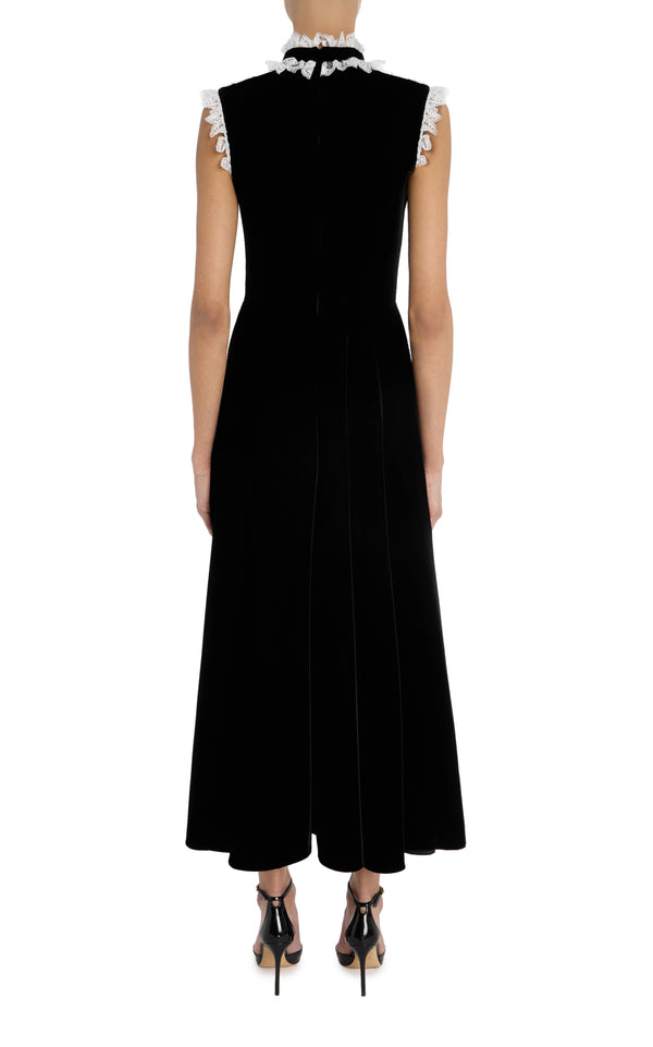 Rodarte Black Sleeveless Velvet Dress With Lace Collar Detail