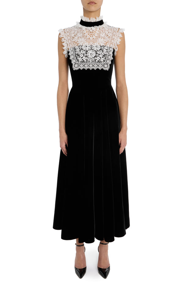 rodarte Black Sleeveless Velvet Dress with Lace Collar Detail