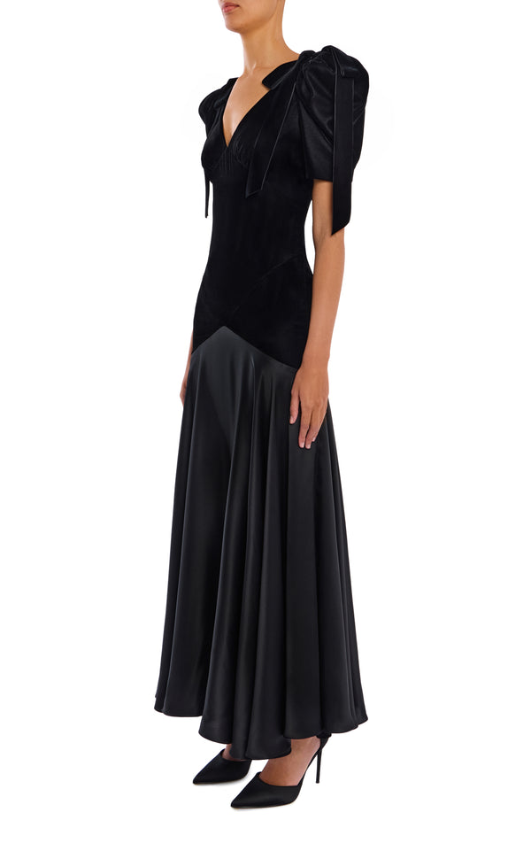 Rodarte Black Velvet And Silk Charmeuse Bias Dress With Velvet Bow Details