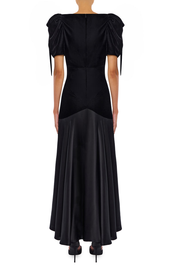 Rodarte Black Velvet And Silk Charmeuse Bias Dress With Velvet Bow Details