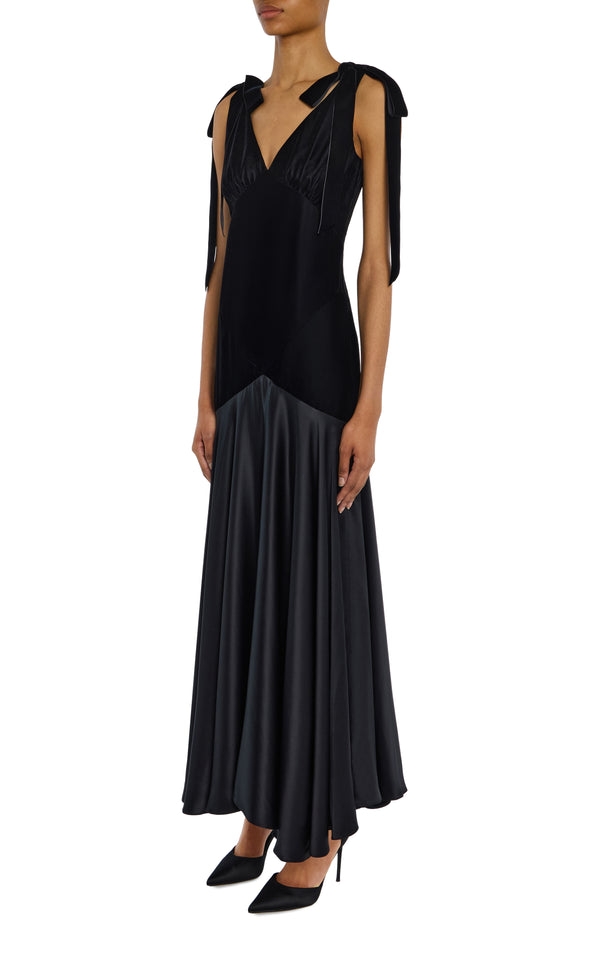 Rodarte Black Velvet And Silk Charmeuse Bias Dress With Velvet Bow Details
