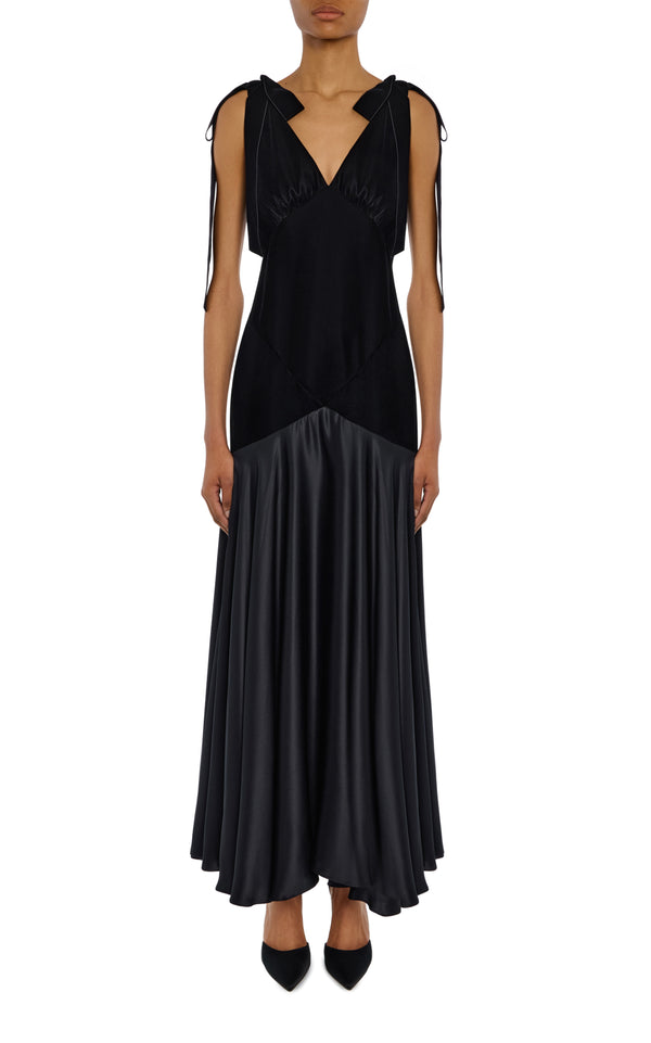 rodarte Black Velvet and Silk Charmeuse Bias Dress With Velvet Bow Details