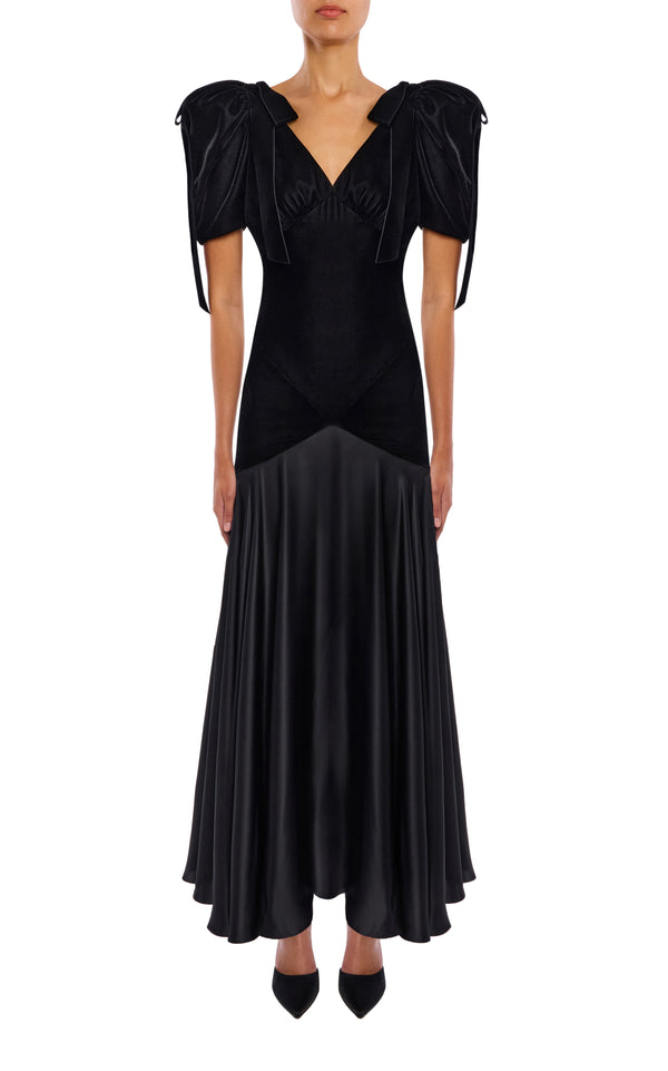rodarte Black Velvet and Silk Charmeuse Bias Dress With Velvet Bow Details