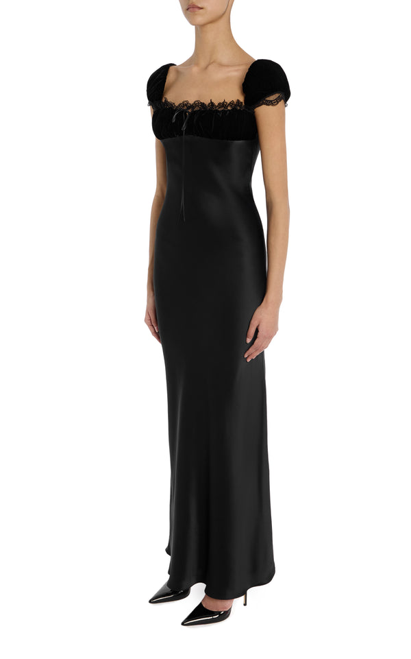 Rodarte Black Velvet And Silk Satin Cap Sleeve Gown With Lace Trim