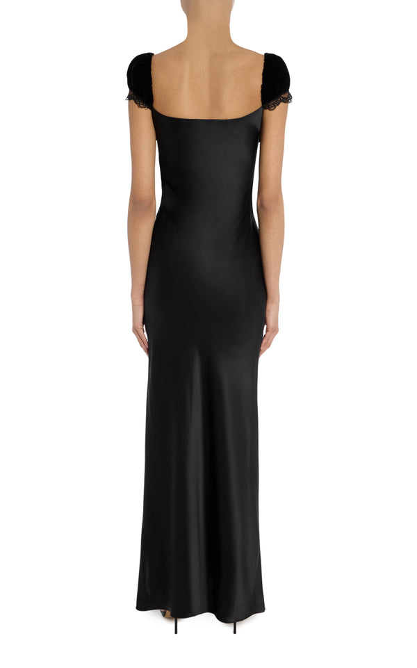Rodarte Black Velvet And Silk Satin Cap Sleeve Gown With Lace Trim