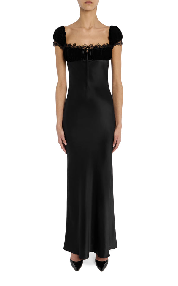 rodarte Black Velvet And Silk Satin Cap Sleeve Gown with Lace Trim