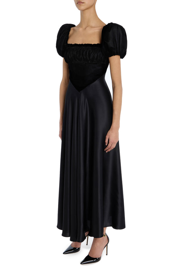 Rodarte Black Velvet And Silk Satin Dress With Gathered Bust And Ribbon Detail