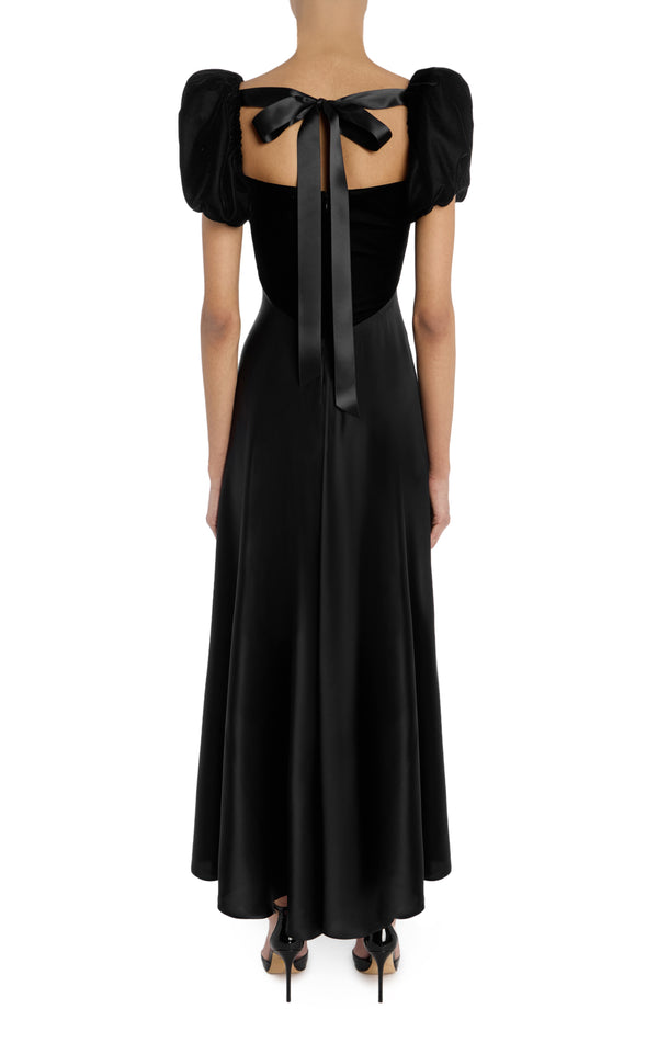 Rodarte Black Velvet And Silk Satin Dress With Gathered Bust And Ribbon Detail