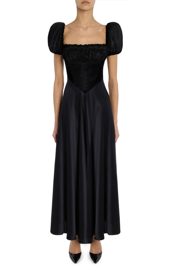 rodarte Black Velvet And Silk Satin Dress With Gathered Bust And Ribbon Detail