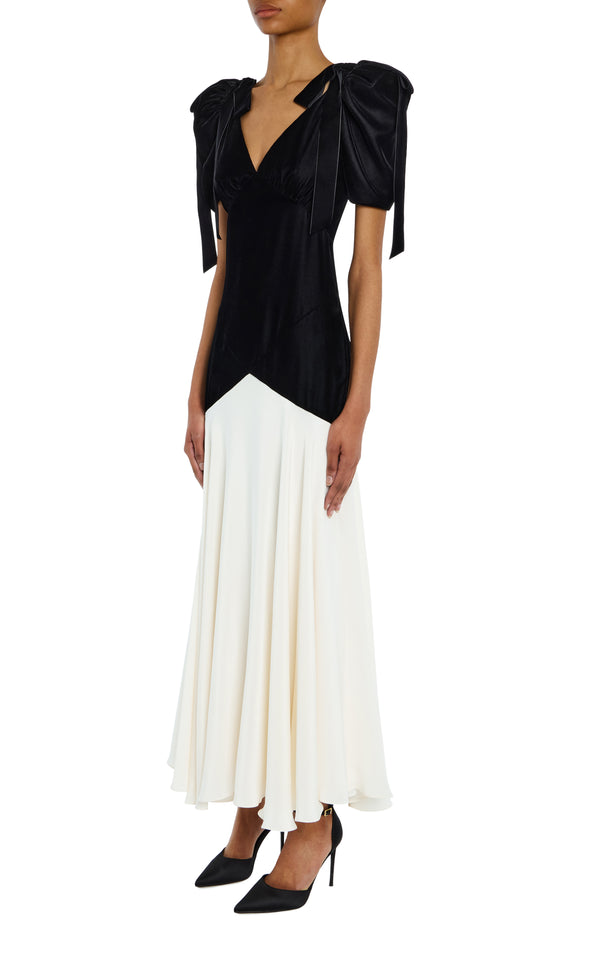 Rodarte Black Velvet And White Silk Crepe Bias Dress With Velvet Bow Details