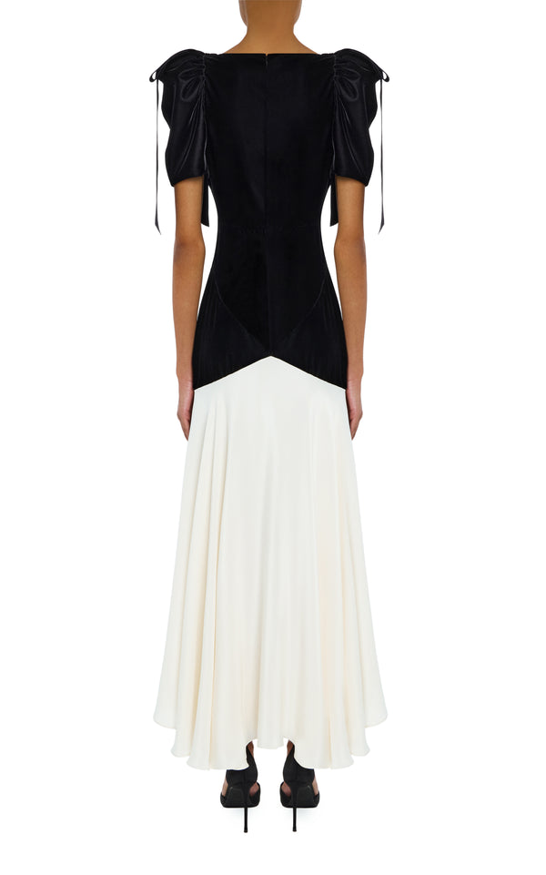 Rodarte Black Velvet And White Silk Crepe Bias Dress With Velvet Bow Details